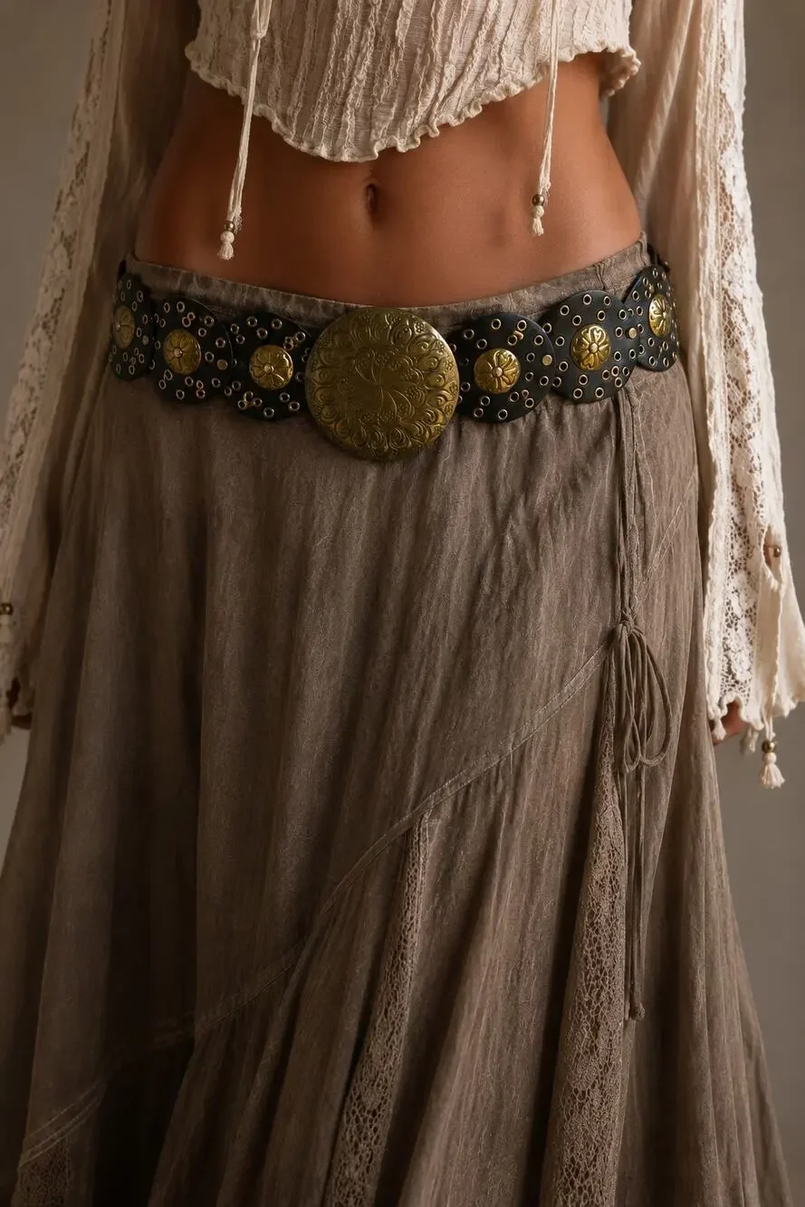 Vintage Boho Black Leather Chunky Statement Belt Fairy Grunge Festival Y2K